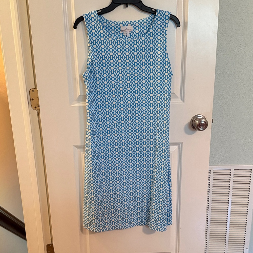 Jude Connally Blue and White Geometric Midi Dress